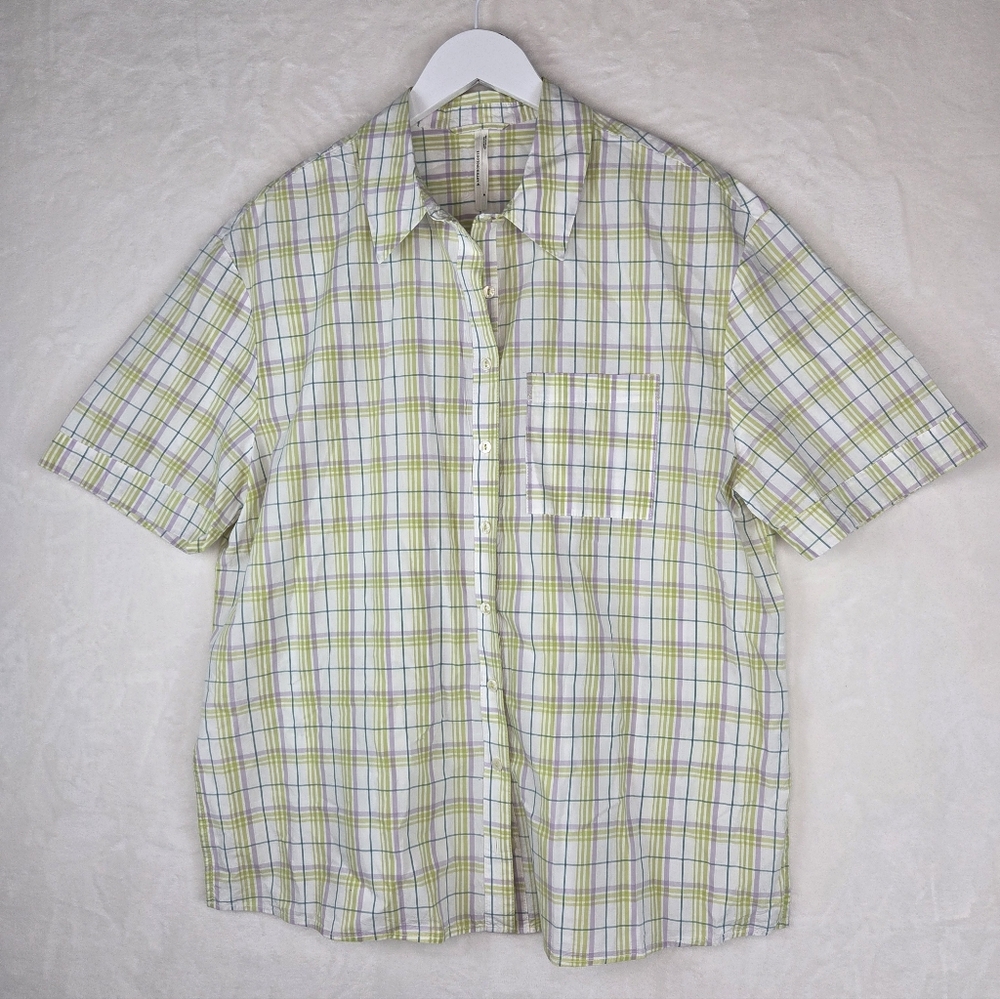 By Anthropologie 100% Cotton Short Sleeve Button Down Shirt Pastel Plaid M